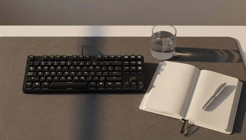 A high-quality, matte black mechanical keyboard with precise, illuminated keys set atop a charcoal gray desk pad. Beside it rests a minimalist glass of water and a textured linen notebook open to a blank page, symbolizing the beginning of a writing project. The space is framed by a neutral, softly-lit backdrop, with gentle side lighting highlighting the textures of the materials and faint, structured shadows for depth. Shot from a slightly elevated angle, the image balances the workspace components, evoking a sense of readiness and clarity. The overall style is clean, modern, and professional, echoing the portfolio’s focus on sharp, purposeful content creation.