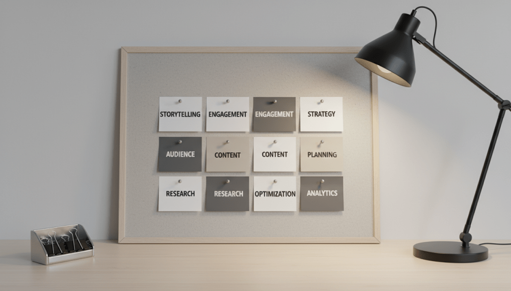 A collection of monochrome sticky notes and index cards beautifully arranged on a light taupe corkboard, each displaying typed keywords like 'storytelling', 'engagement', and 'strategy' in a bold, professional font. Surrounding the board are understated office accessories, like a chrome paperclip holder and a matte black desk lamp with a thin, geometric base. Soft artificial lighting from the right bathes the scene in gentle highlights, creating a serene and organized atmosphere. Captured from a front-facing, leveled perspective, the composition uses balanced negative space, reinforcing a focus on clarity and message. Photographic realism and a minimalist, structured style enhance the corporate and strategic nature of content writing showcased on the site.